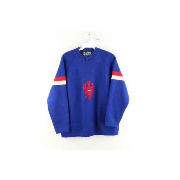Vintage 70s Rockabilly Mens Medium Wool Varsity Letterman Crewneck Sweater Blue